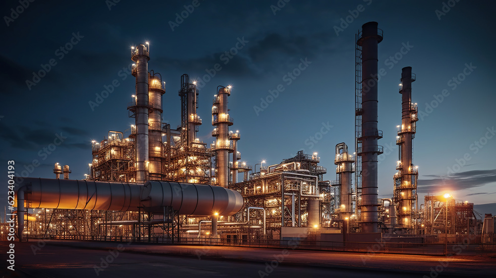 industrial industrial oil refinery plants at the light of evening dark sky - obrazy, fototapety, plakaty 