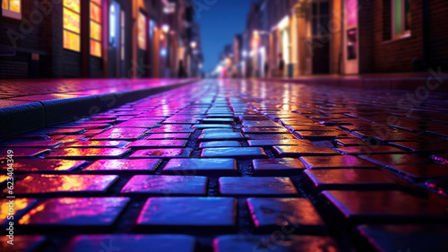 a brick street at night with lit up neon signs