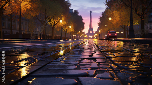 a wet brick road with lights and lights in the background