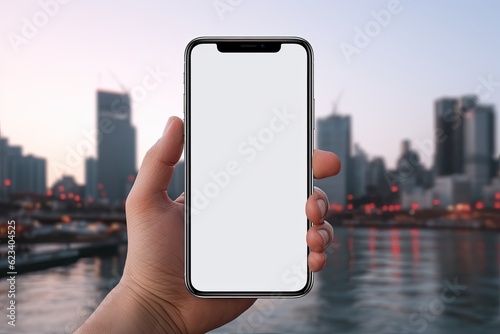 Man hand holding black smartphone with blank screen, isolated on city background for phone mockup 