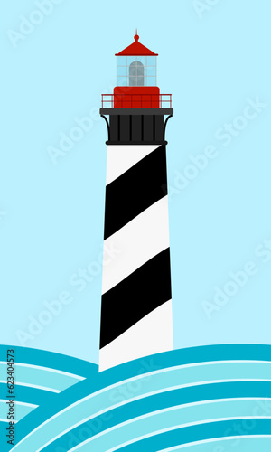 Black white lighthouse on blue sea