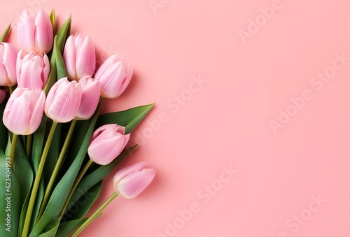 Bouquet of tulips on pink background. Copy space. Tulips background. Concept of women's day, mother's day. Generated AI