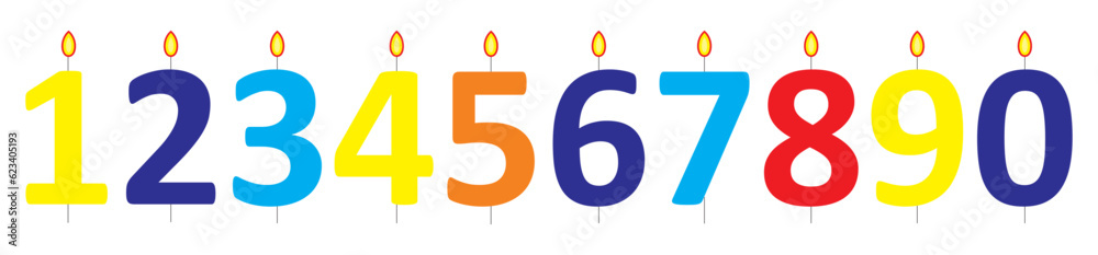Numbered birthday candles set for 1, 2, 3, 4, 5, 6, 7, 8, 9 ages and year anniversaries celebration. Decorative wax candlelight's with flames. Flat vector illustration isolated Numbered birthday candles set for 1, 2, 3, 4, 5, 6, 7, 8, 9 ages and year anniversaries celebration. Decorative wax candlelight's with flames. Flat vector illustration isolated