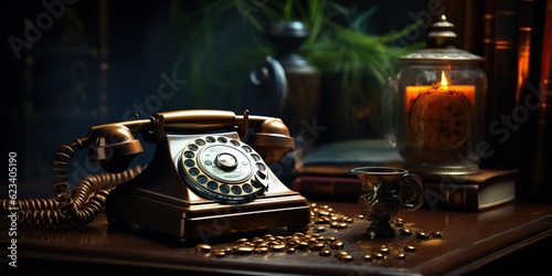 AI Generated. AI Generative. Classic retro vintage antique telephone talk phone on wooden table. Graphic Art