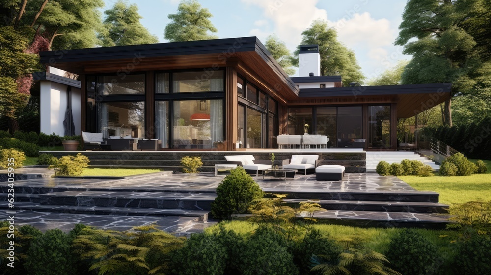 Contemporary house design with a beautiful garden view, generative ai