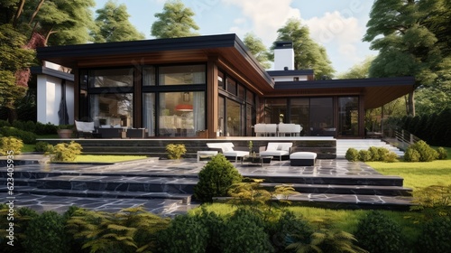 Contemporary house design with a beautiful garden view, generative ai