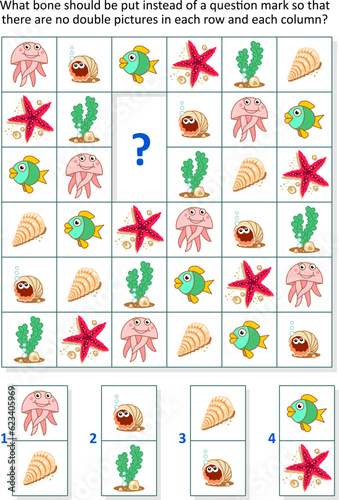 Picture domino sudoku game for kids with underwater creatures, shells and algae. 
