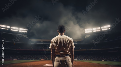 Baseball player in baseball arena stadium with copy space. Generative AI © BraveSpirit