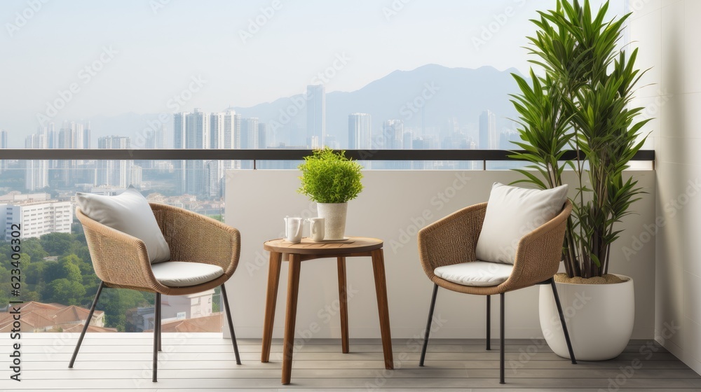 Minimalist balcony with a small bistro set, potted plants, and a view of the city skyline, generative ai