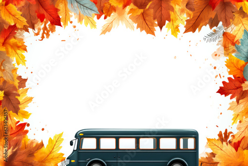 top view white banner of  yellow school bus, tree, autumn leaves frame, Generative AI photo
