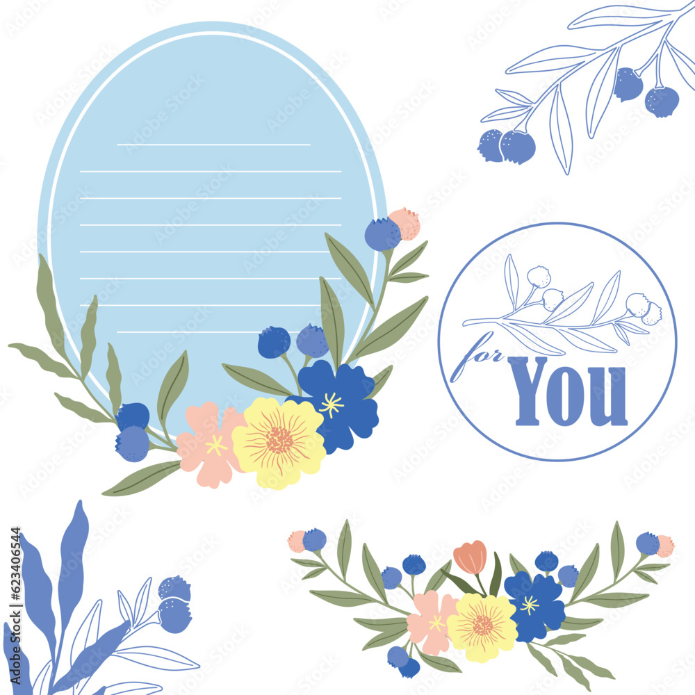Fruit and flower hand drawn illlustration border and fream -Blueberry
