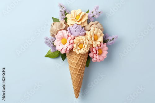 Beautiful spring bouquet of flowers in waffle ice cream cone isolated on flat blue background with copy space. Creative banner concept for florist. Generative AI photo imitation.