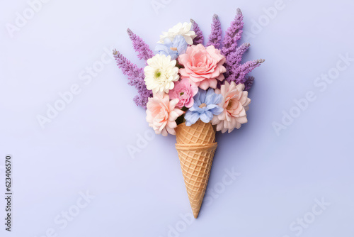 Beautiful spring bouquet of flowers in waffle ice cream cone isolated on flat blue background with copy space. Creative banner concept for florist. Generative AI photo imitation.