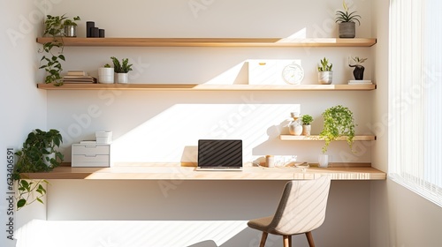 Minimalist home office with a built-in desk, floating shelves, and natural light, generative ai