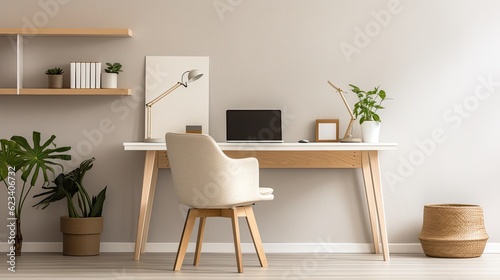 Minimalist home office with a standing desk, ergonomic chair, and natural light, generative ai