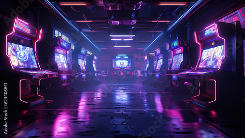 neon arcade games in a very dark and wavy room