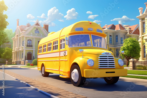 3d yellow school bus riding to school on the street, Generative AI