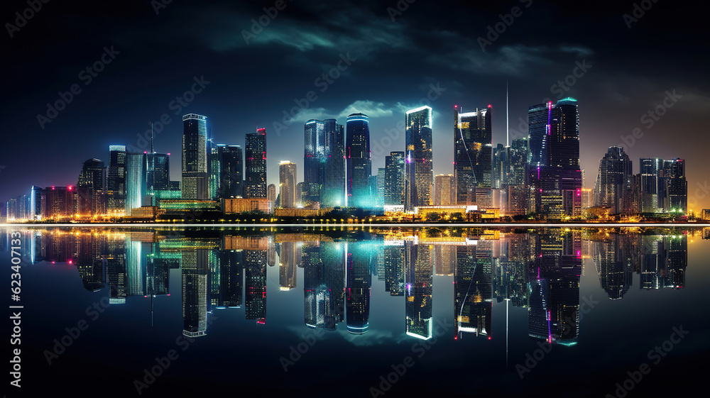 a city at night with large buildings in the reflection