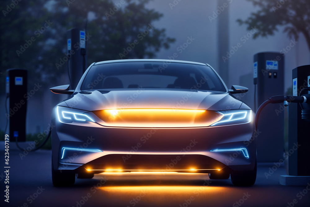 Naklejka premium EV charging station for electric car in concept of green energy 