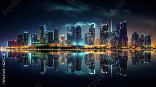 a city at night with large buildings in the reflection © PRI