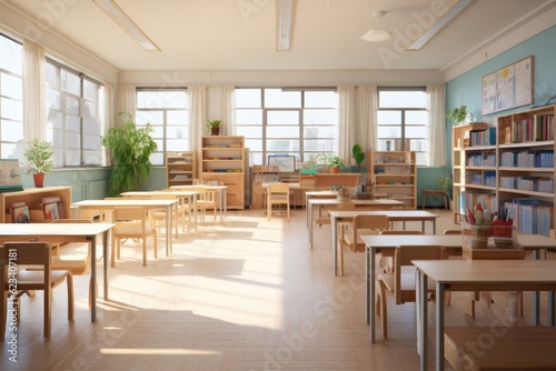 a spacious bright light empty classroom or auditorium in contemporary school, Generative AI