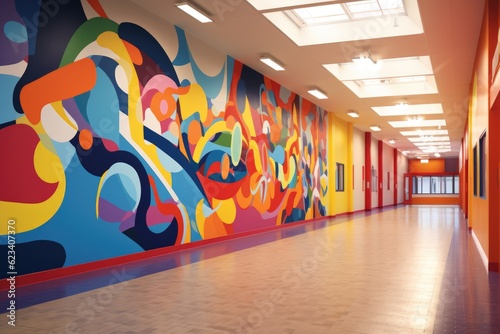 a school corridor with brightly painted walls as a symbol of diversity in a modern school, Generative AI