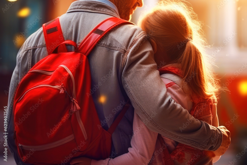 Fototapeta premium father hugs schoolgirl daughter near school, blurred background, Generative AI