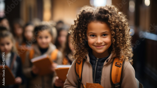 Portrait of smiling schoolgirl with backpack standing in hallway of school. Generative AI.