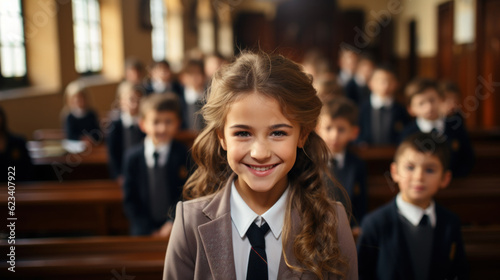 Portrait of smiling schoolgirl with her classmates in background at school. Generative AI. photo