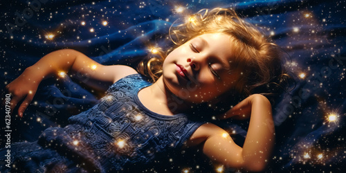 Enchanting child sprawled on floor, crafting a galaxy from scintillating glitter against a captivating cosmic backdrop. Generative AI