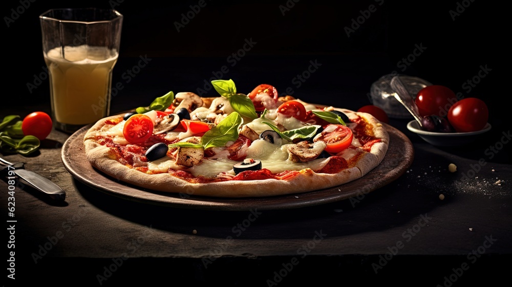 Plate of italian pizza Culinary Photography, delicious, vibrant colors, natural lighting, appetizing mood, indoor setting
