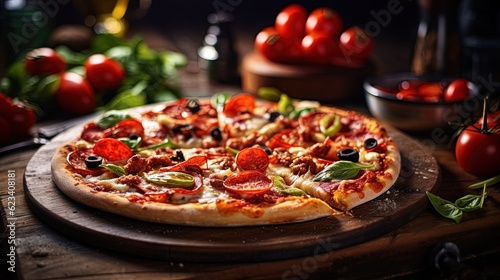 Plate of italian pizza Culinary Photography, delicious, vibrant colors, natural lighting, appetizing mood, indoor setting