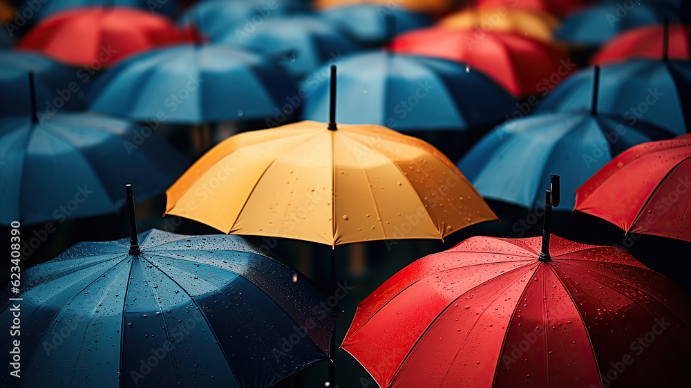 A Striking Composition of Open Umbrellas in a Torrential Rain - obrazy, fototapety, plakaty 