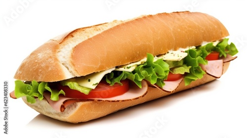 Fresh sandwich with ham, cheese, tomatoes, fast food on white background, isolate. AI generated.