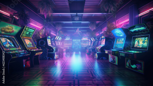 arcade room with retro neon lights