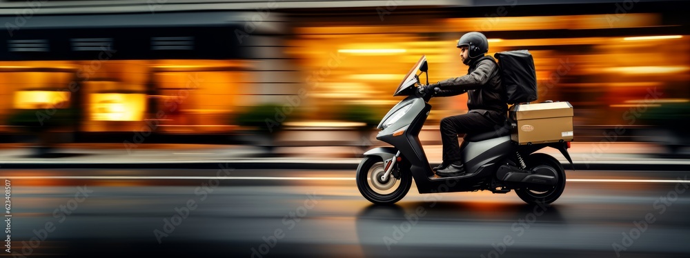 Motorcycle of the future for food delivery with copy space. Generative AI