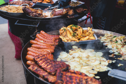 Photography Food festival with food stall kiosk, open-air outdoor fair market, assortment of