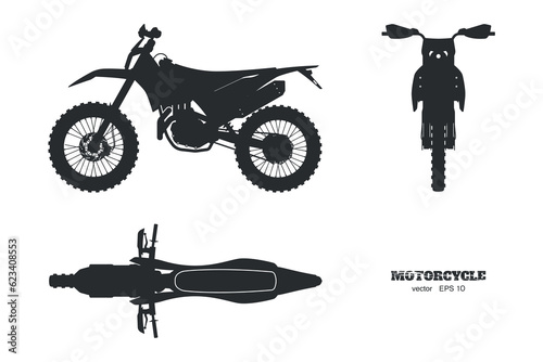 Isolated black silhouette of cross motorcycle. Motorbike shape. Front, side, top view of motocross cycle. Extreme bike industrial draw. Motorsport vehicle blueprint