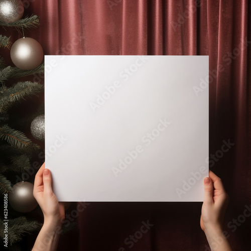 Christmas retro banner mocap hands hold with white sheet blank for text. New Year poster. postcard.