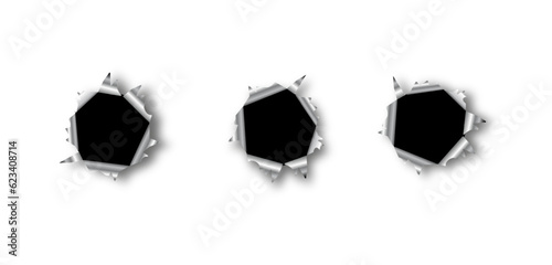 Bullet hole. Realistic metal bullet hole, damage effect. Vector photo