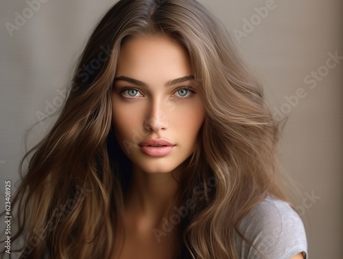 Beautiful woman with brown long curly hair. Portrait of a beautiful girl with long brown hair. Beautiful face of a young woman with long wavy hair and pretty eyes. Studio shot.