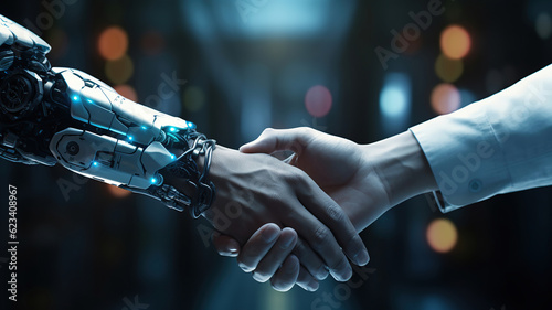 Human and Robotic Hands Shake Hands amidst Future Technologies © PRI