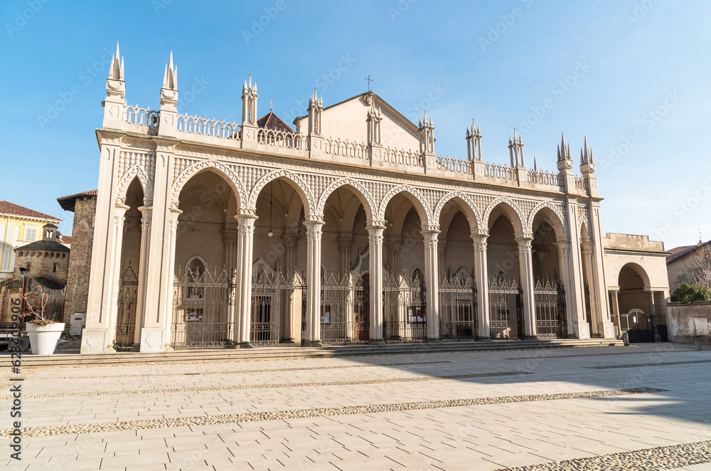 Facade of Santo Stefano Cathedral in Piazza Duomo in the historical center of Biella, Piedmont, Italy