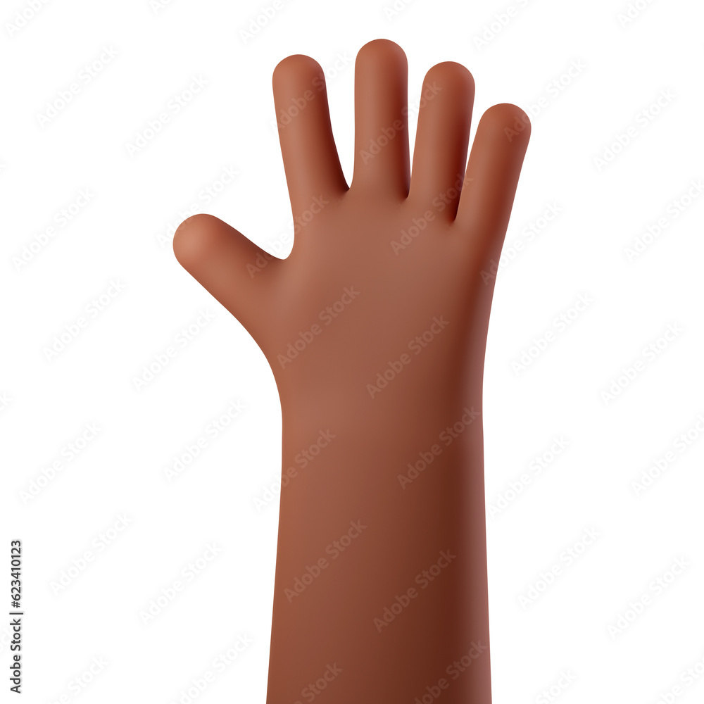 Fototapeta premium Cartoon African American hand showing the five fingers isolated on a white background. Hand counting number 5. 3D rendered illustration.