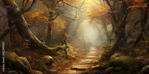 Winding Through a Misty Forest, Drenched in Soft Morning Light - Emanating Mystery and Enchantment - Capturing the Allure of an Autumn Journey Into the Unknown Generative AI Digital Illustration