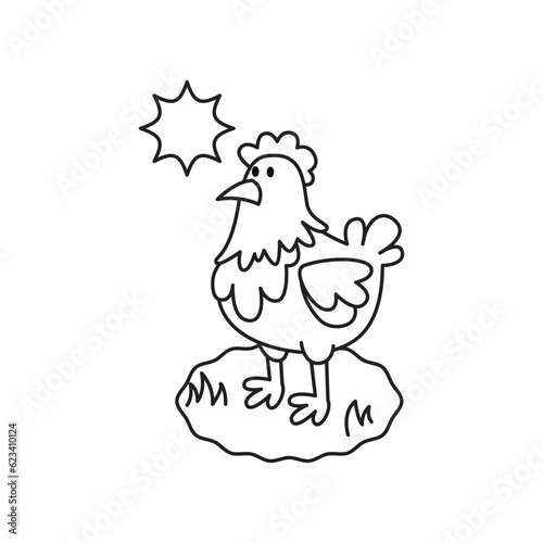 Cute rooster coloring page, hen black and white vector illustration in cartoon style for a coloring book