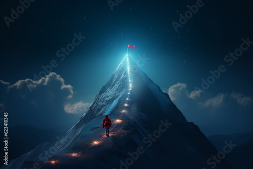 Path of person success on mountains. Mountain climbing progress route to peak. Business journey. Generative AI.