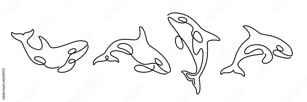 Cartoon killer whale sketch line icon. Сute animals set of icons. One line vector illustration isolated on white background. Cartoon killer whale sketch line icon. Сute animals set of icons. One line vector illustration isolated on white background.