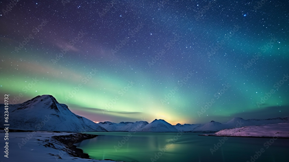 Aurora borealis over snowy mountains and lake in Iceland.Travel and tourism concept. Aurora borealis over snowy mountains and lake in Iceland.Travel and tourism concept.