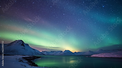 Aurora borealis over snowy mountains and lake in Iceland.Travel and tourism concept.